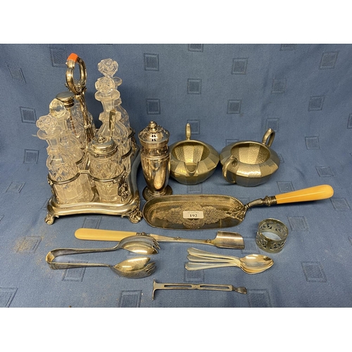 192 - Qty silver plated ware including 8 pieces glass table cruet (some silver collars, some glass chips) ... 