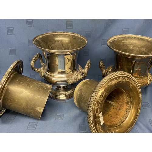 195 - Pair old heavy Sheffield silver plate champagne buckets with fitted liners, 26cm High, tarnished and... 