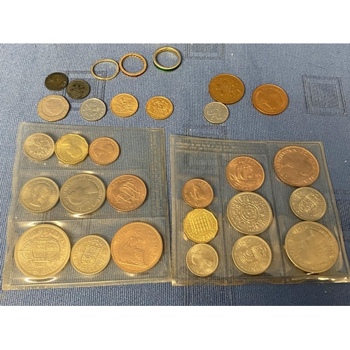 204 - Small quantity English coinage and 3 small yellow metal rings