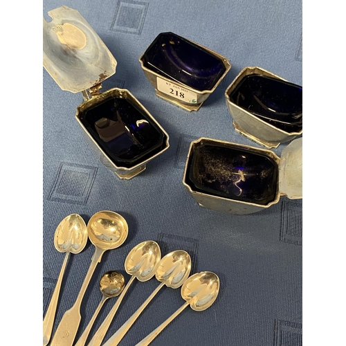 218 - 2 pairs of hallmarked cruets with blue glass liners Birmingham 1933 maker R&D 12 ozt.  Condition, us... 