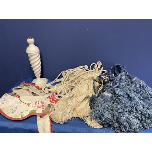 268 - Qty of general items to include  curtain tie backs,  ebony elephants, opera glasses, a parasol, fan,... 