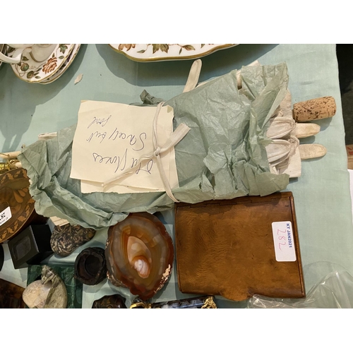 282 - Interesting mixed lot of vintage gloves, collectables, china, including a fitted ladies necessaire. ... 