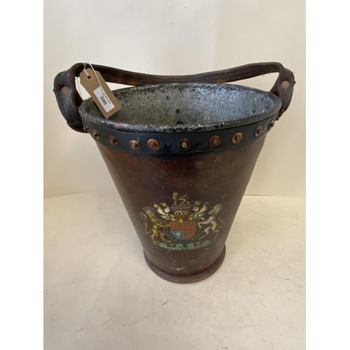 300 - Antique Leather covered  fire bucket with Coat of Arms (condition - aged wear), 26cm  D, 30 cm H