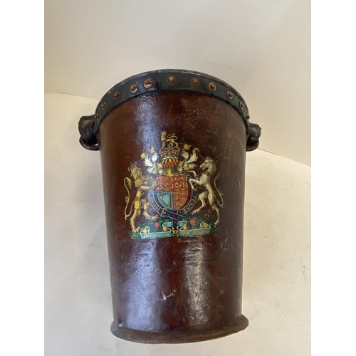 300 - Antique Leather covered  fire bucket with Coat of Arms (condition - aged wear), 26cm  D, 30 cm H