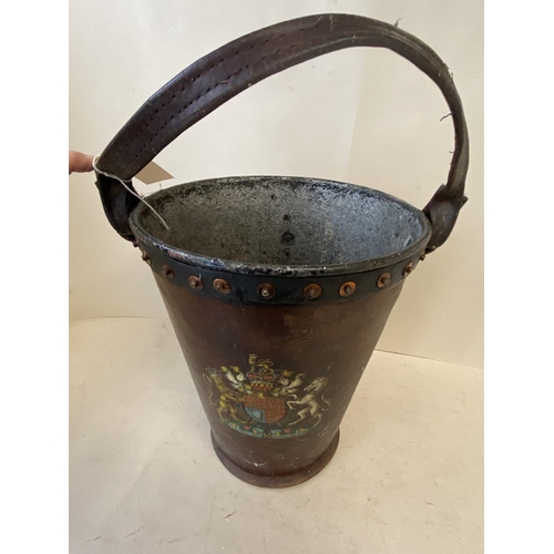 300 - Antique Leather covered  fire bucket with Coat of Arms (condition - aged wear), 26cm  D, 30 cm H