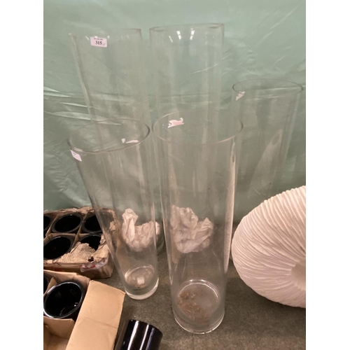 315 - 6 tall glass cylindrical flower vases including 2 pairs and 2 similar (tallest 80cm) (condition, no ... 