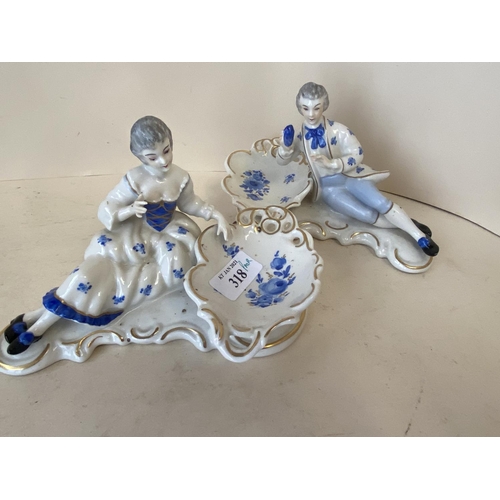 318 - Pair of Dresden table salts, 17cm L (good condition)