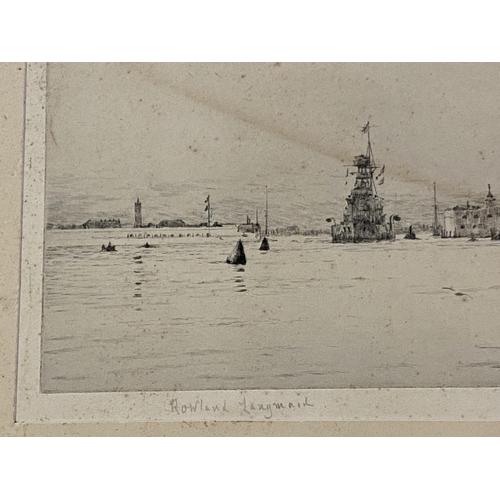 32 - Unframed black and white maritime engraving, signed in pencil on mount, Rowland Langmaid 17 x 35 cm ... 