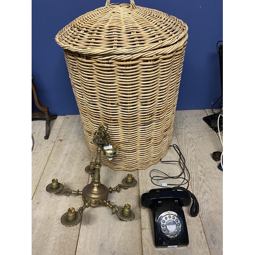 320 - Small 5 branch brass hanging chandelier, a wicker linen basket, and a modern repro vintage telephone