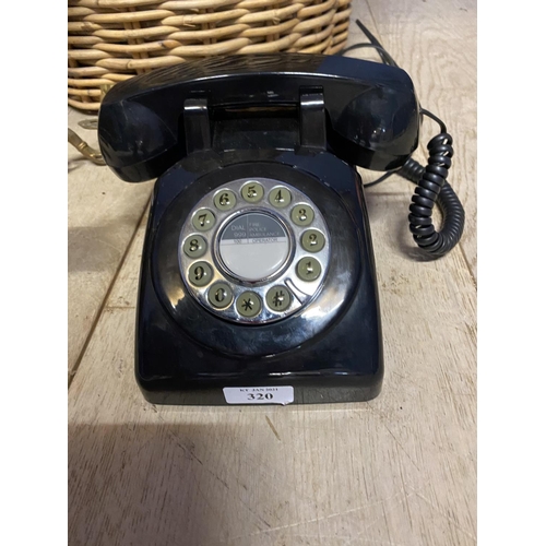 320 - Small 5 branch brass hanging chandelier, a wicker linen basket, and a modern repro vintage telephone