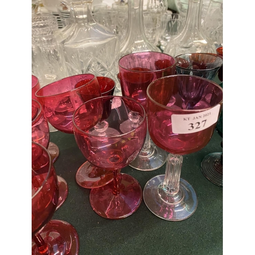 327 - Quantity of coloured stemmed glasses, approx. 37 pieces, including cranberry and green (approx. 6 wi... 