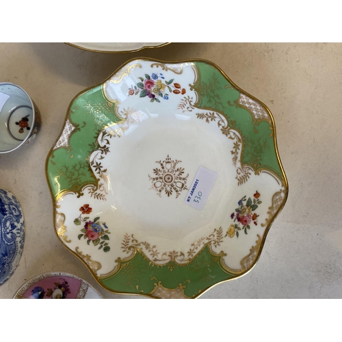 330 - A Meissen floral pattern dish, a Coalport fluted dish, and 2 pieces of blue and white, Limoges lidde... 