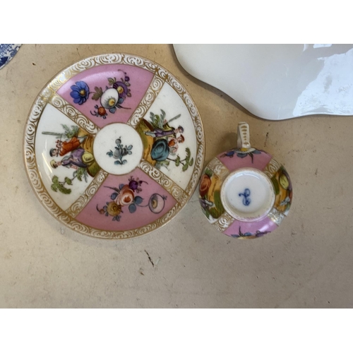 330 - A Meissen floral pattern dish, a Coalport fluted dish, and 2 pieces of blue and white, Limoges lidde... 