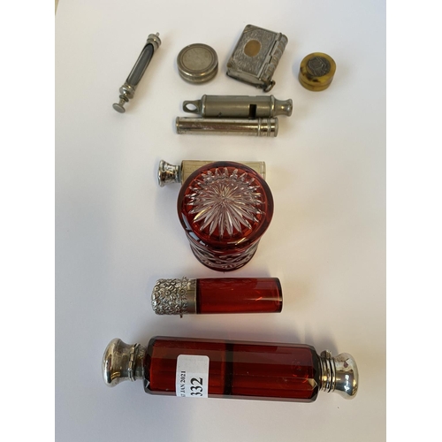 332 - Hallmarked silver lidded cranberry scent bottle, and 2 others, and a Victorian  Metropolitan police ... 