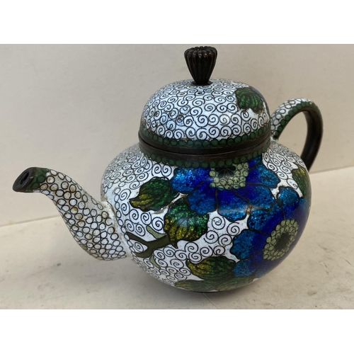 335 - Small cloisonné tea pot and lid, 9.5cmH (Condition - minor crack base of spout)