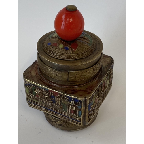 344 - Small Chinese square pot and lid, 11cmH, small cranberry scent bottle and a stopper, vine leaf decor... 