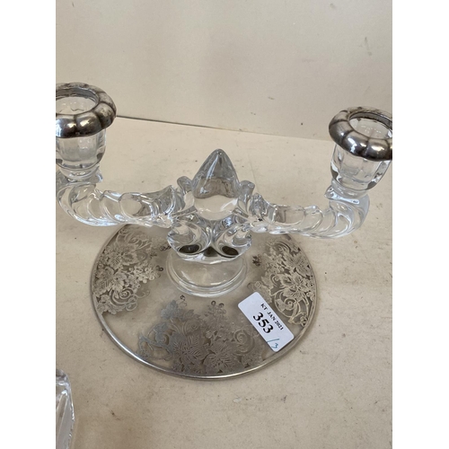 353 - Pair squat, circular glass silver overlaid twin branch candlesticks , 14.5cmD (condition minor wear ... 