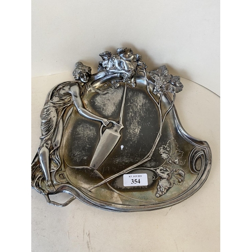 354 - Art Nouveau pewter dish, max width 28cm, 24cm high mx (condition, generally polished rubbed)