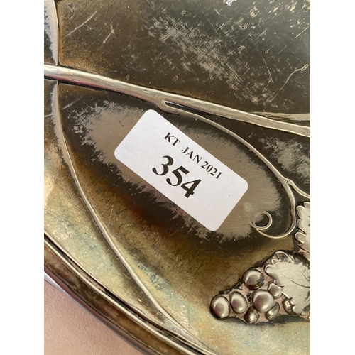 354 - Art Nouveau pewter dish, max width 28cm, 24cm high mx (condition, generally polished rubbed)