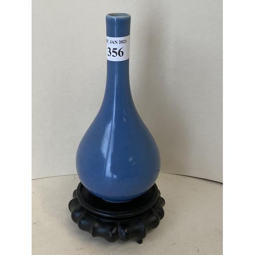 356 - Small Chinese slender blue long necked vase, signature to base, 15cmH, on a stand, (condition, good)