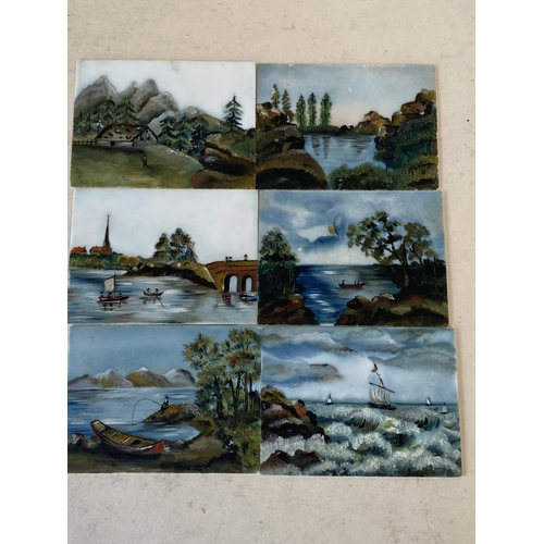 358 - Set of 6 paintings of various coastal and mountainous scenes, painted on ceramic, (condition minor f... 