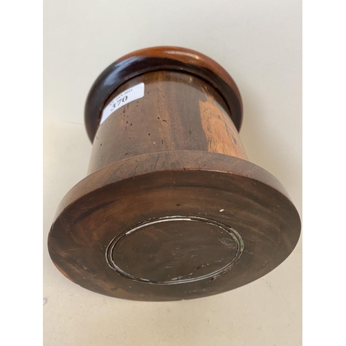 370 - Polished lignum Vitae cylindrical string box 13cm D, (condition, chip to rim of lid and a crack to l... 