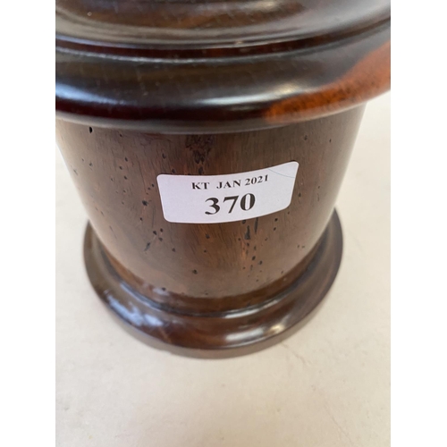 370 - Polished lignum Vitae cylindrical string box 13cm D, (condition, chip to rim of lid and a crack to l... 