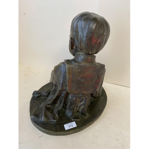 372 - Chinese hollow bronze kneeling child holding a baby, 30cm H (condition good)