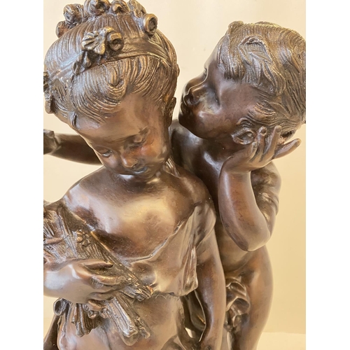 374 - Bronze figure group of 2 children on circular wooden plinth, 43cm H (condition good, a few tiny chip... 