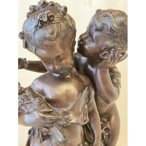 374 - Bronze figure group of 2 children on circular wooden plinth, 43cm H (condition good, a few tiny chip... 