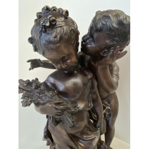 374 - Bronze figure group of 2 children on circular wooden plinth, 43cm H (condition good, a few tiny chip... 