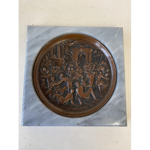 376 - Circular relief bronze plate, 17cm D, depicting the Grand Tour, mounted within a  marble plaque plat... 