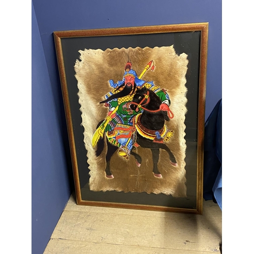 38 - Large framed and glazed painting of a Chinese warrior on a horse, mixed media including mounted on a... 