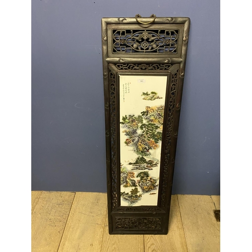 382 - Chinese ceramic screen decorated with landscapes mounted in fretwork wooded frame. (condition genera... 