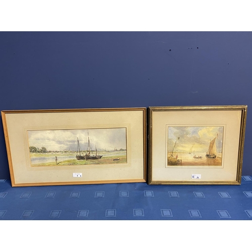 4 - C19th watercolour, two fishing boats moored in an Estuary, signed M Snape,  14 x 37cm (condition, go... 