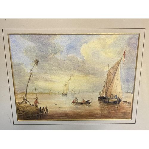 4 - C19th watercolour, two fishing boats moored in an Estuary, signed M Snape,  14 x 37cm (condition, go... 