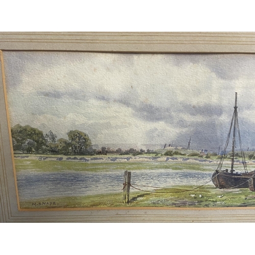 4 - C19th watercolour, two fishing boats moored in an Estuary, signed M Snape,  14 x 37cm (condition, go... 