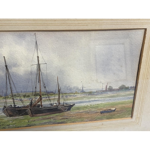 4 - C19th watercolour, two fishing boats moored in an Estuary, signed M Snape,  14 x 37cm (condition, go... 