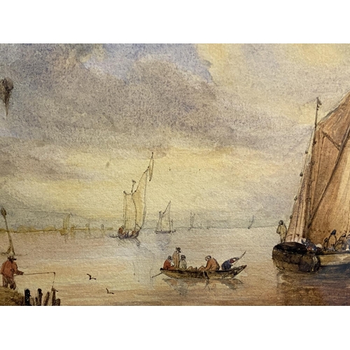 4 - C19th watercolour, two fishing boats moored in an Estuary, signed M Snape,  14 x 37cm (condition, go... 