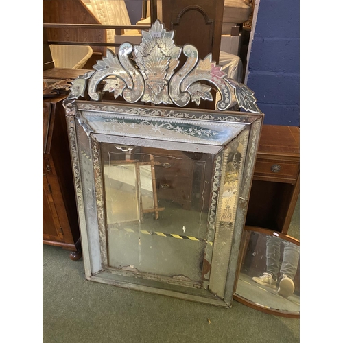 411 - Large Venetian  glass rectangular 3 panelled and stepped wall mirror, surmounted by foliate etched m... 