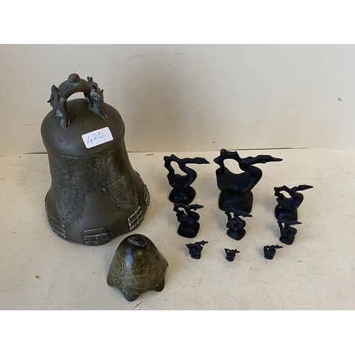 420 - Chinese bronze bell with Bagua decoration, and others