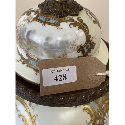 428 - Good quality C19th French porcelain mantle clock with ormolu decoration and mask handles with detach... 