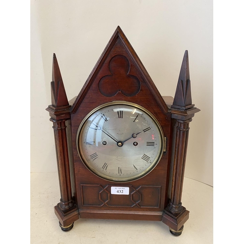 432 - Mahogany cased bracket clock, the silvered dial with 2 winding holes.  Engraved Grimalde & Johnson, ... 