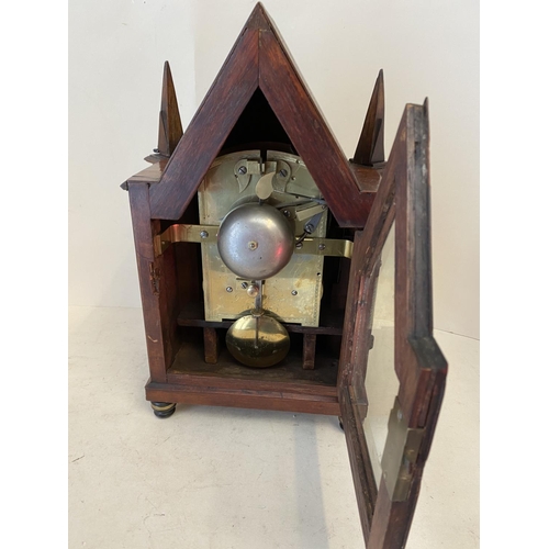 432 - Mahogany cased bracket clock, the silvered dial with 2 winding holes.  Engraved Grimalde & Johnson, ... 