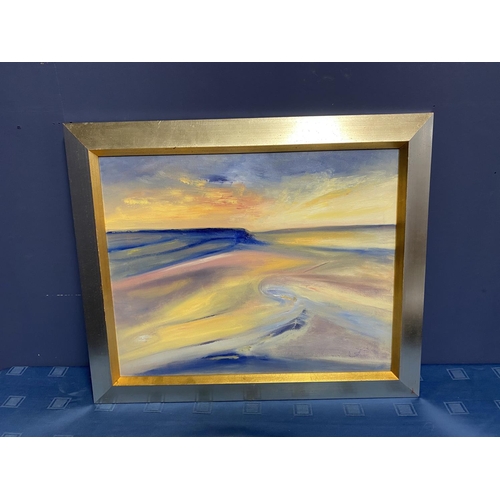 45 - Contemporary oil on canvas, Across the Dunes, signed verso, Jenny Smy 2002, titled Croyde Sunset, ov... 