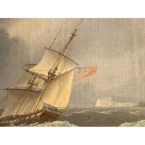 5 - C19th, oil on canvas, 2 sailing ships in a stormy sea, windmill in distance, indistinctly signed low... 