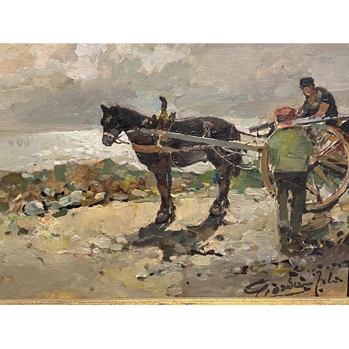 52 - C19th, Italian, Oil on wooden board, titled Cavallo Con Carretto (horse and cart) signed lower right... 