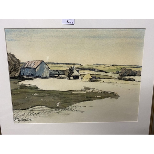 53 - Two modern watercolours, barns in downland landscape, and 9 other oils, watercolours and prints (10)... 