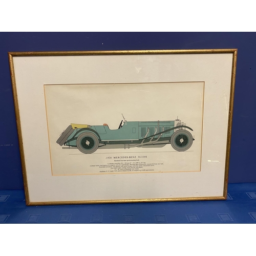 55 - Set of 4 framed and glazed vintage car colour drawings, Bentley, Aston Martin, Mercedes Benz, all wi... 