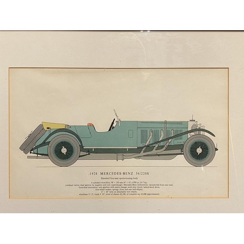 55 - Set of 4 framed and glazed vintage car colour drawings, Bentley, Aston Martin, Mercedes Benz, all wi... 